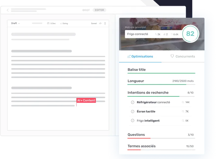 Un brouillon d’article dans l’éditeur Semji dont le Content Score progresse à mesure qu’AI+ Content applique chaque recommandation SEO.