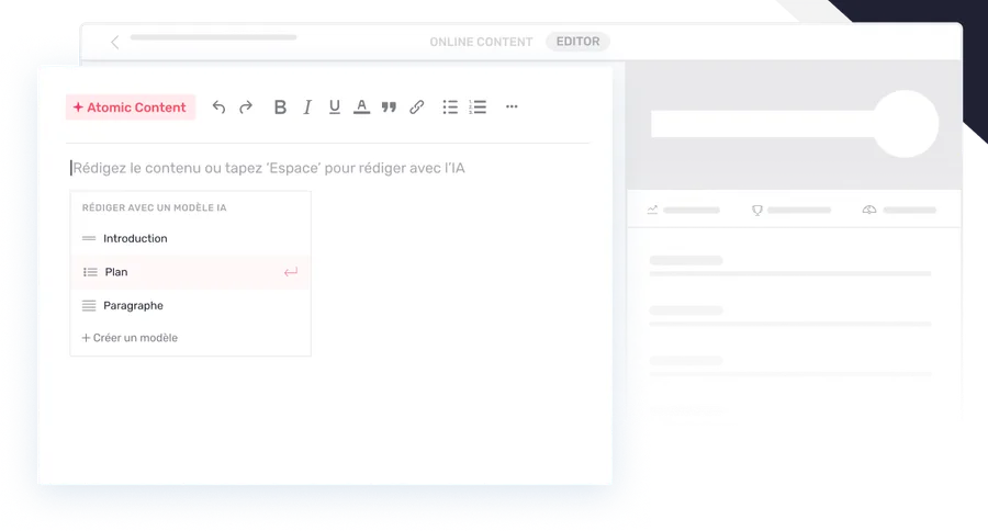 AI+ Content proposant un titre, une introduction et un plan complet à partir d’un seul mot-clé cible.