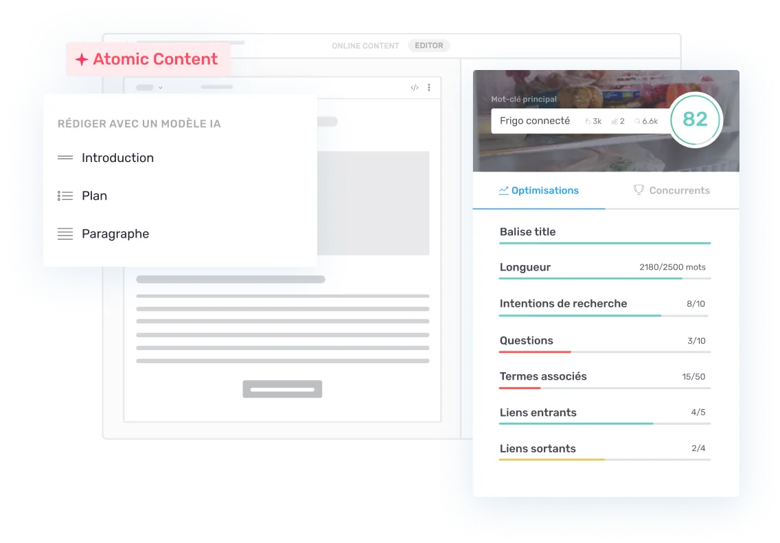 L’éditeur Semji avec AI+ Content ouvert dans la barre latérale, générant un paragraphe optimisé SEO à côté du Content Score en direct.
