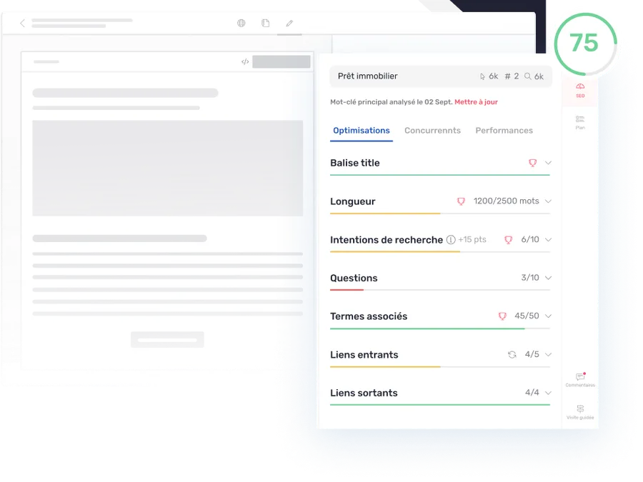Un Content Score comparant une page aux résultats concurrents qui la devancent, avec l’écart à combler sur chaque critère.