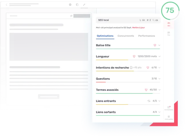 Un brouillon dans l’éditeur Semji dont le Content Score augmente à mesure que les recommandations sont appliquées.