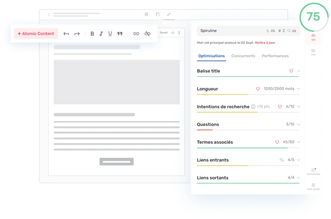 La plateforme Semji évaluant un contenu santé au regard de ses recommandations SEO, avec sa courbe de trafic à côté.