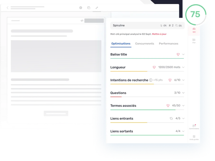 Un panneau Content Score listant les intentions de recherche et les questions auxquelles un contenu santé doit répondre pour prouver son expertise.