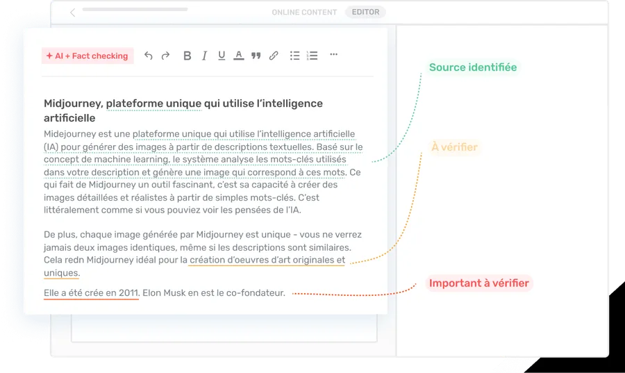 Un contenu dans l’éditeur Semji dont les phrases sont colorées en vert, orange et rouge selon leur niveau de fiabilité.