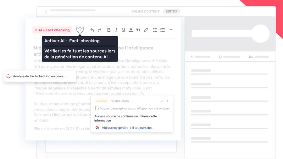 Un panneau de fact-checking listant chaque affirmation de l’IA avec son statut de vérification et la source associée.