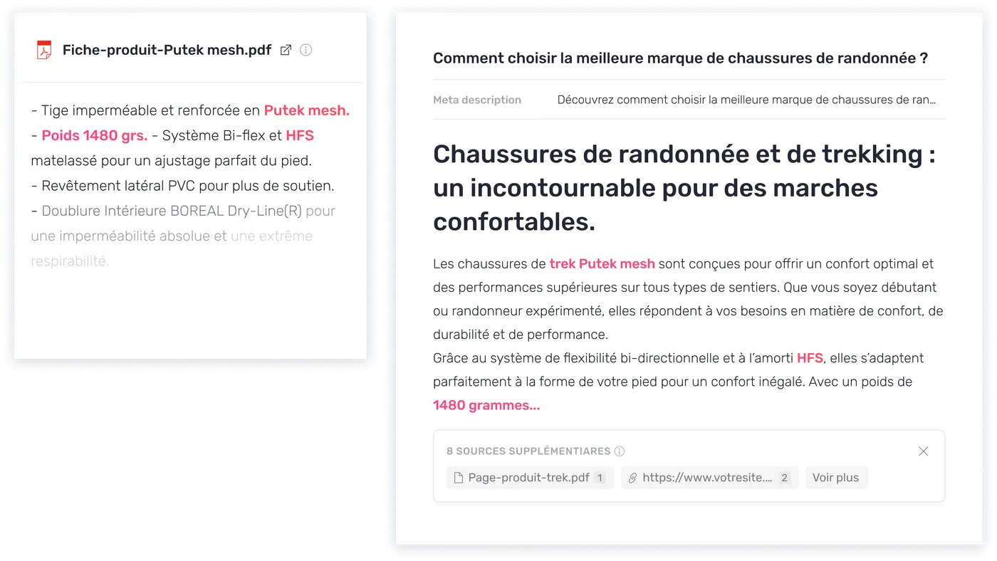 Un contenu rédigé par AI+ Knowledge sur le choix d’une marque de chaussures de randonnée, à partir de la documentation interne du client.