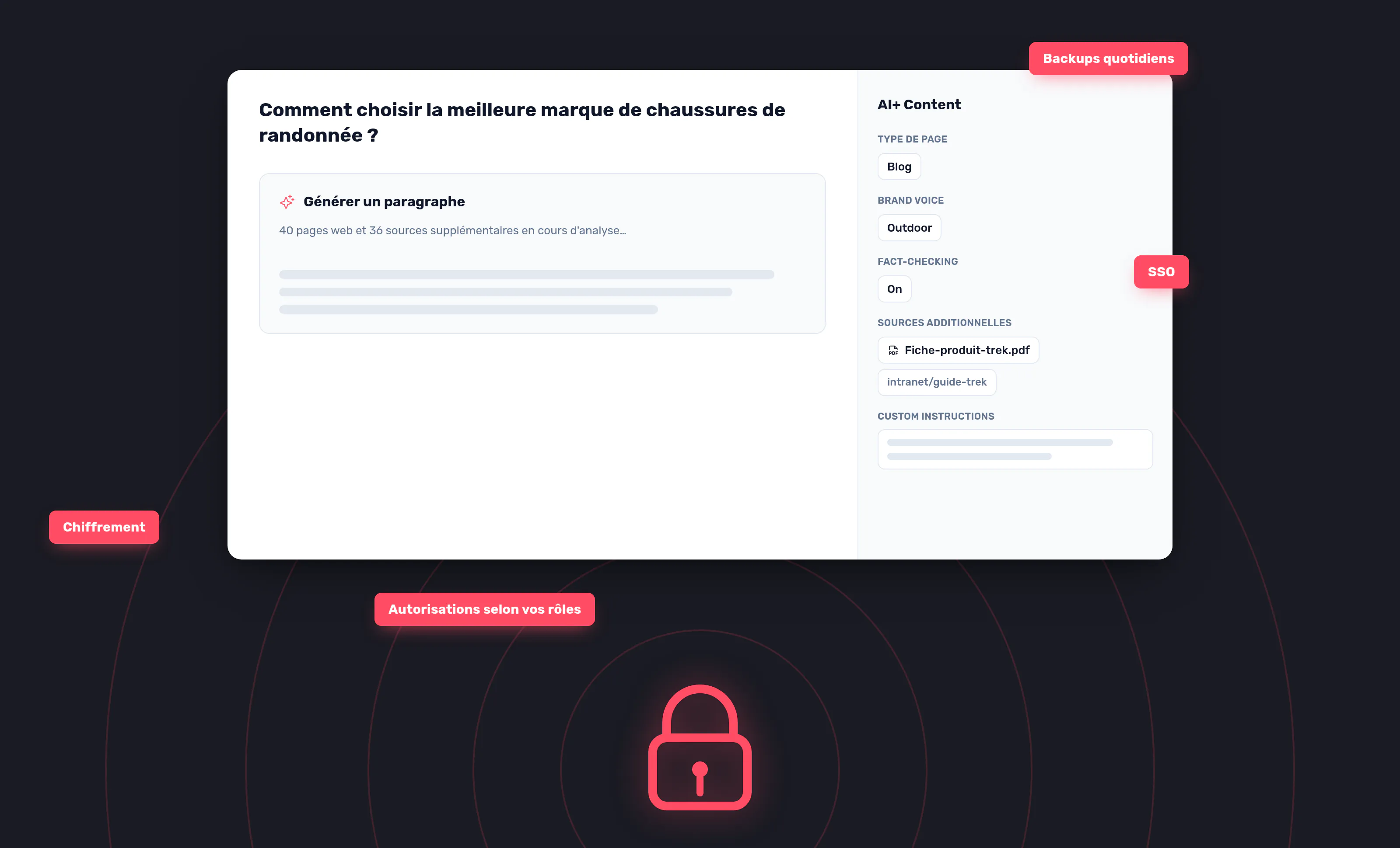 L’éditeur Semji sur un fond sombre, avec quatre encarts de sécurité pour les backups quotidiens, le SSO, le chiffrement et les autorisations selon les rôles, et un cadenas en dessous.