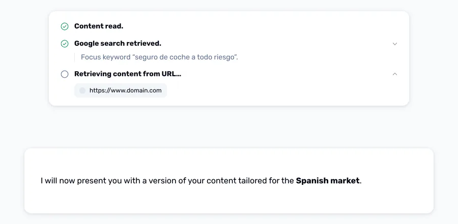 An agent's run log — content read, Google search retrieved for a Spanish keyword, URL being fetched — before it returns a version for the Spanish market.