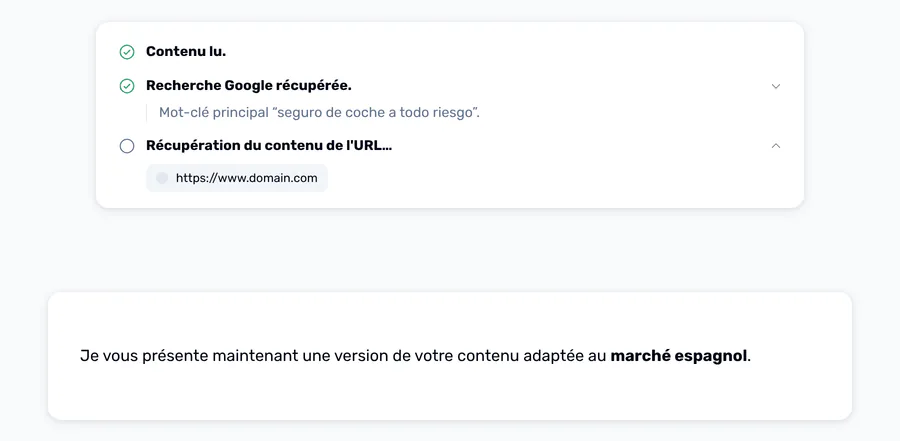 Le journal d'exécution d'un agent — contenu lu, recherche Google sur un mot-clé espagnol, URL en cours de récupération — avant la version adaptée au marché espagnol.