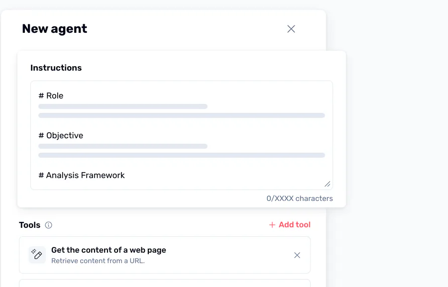 An agent's instructions editor broken into Role, Objective and Analysis Framework, above a tools list holding Get web page content.