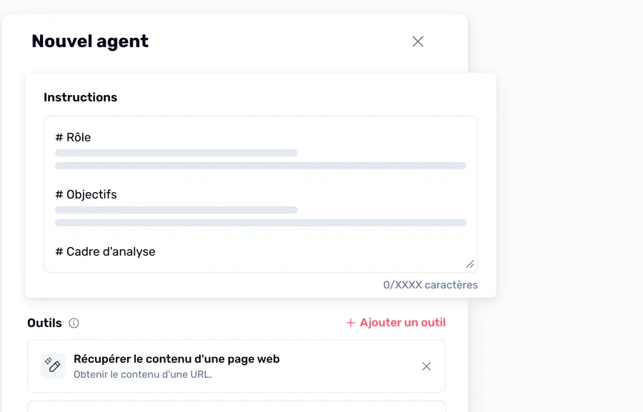 L'éditeur d'instructions d'un agent, découpé en Role, Objective et Analysis Framework, au-dessus d'une liste d'outils contenant Get web page content.