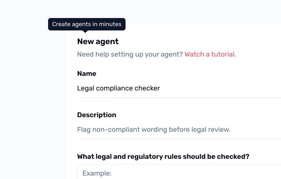 The new-agent form, its name set to Legal compliance checker, above a field asking which regulatory rules to check.