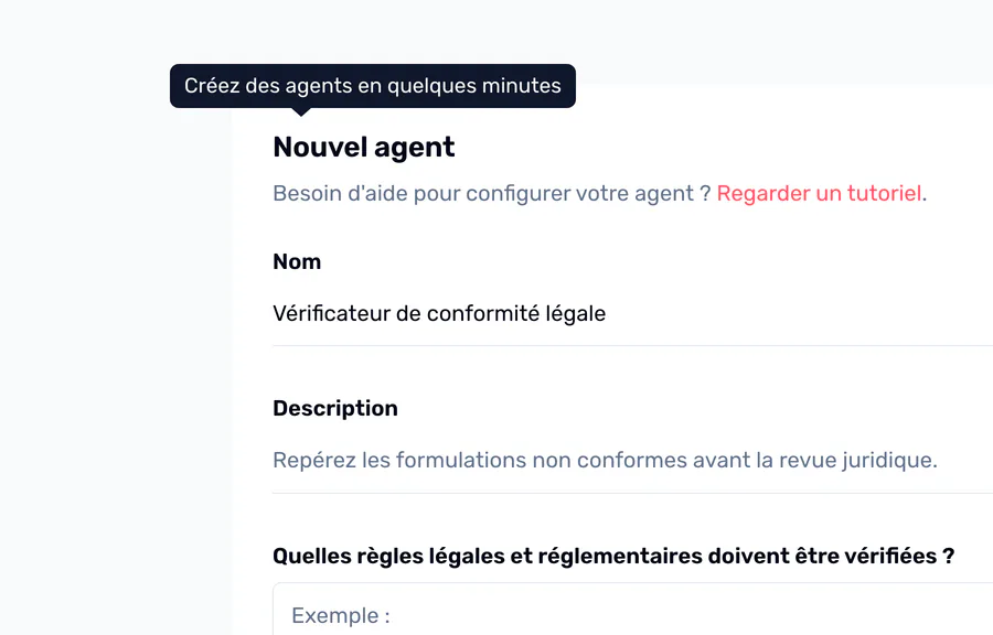 Le formulaire de création d'agent, nommé Legal compliance checker, au-dessus d'un champ demandant quelles règles réglementaires contrôler.