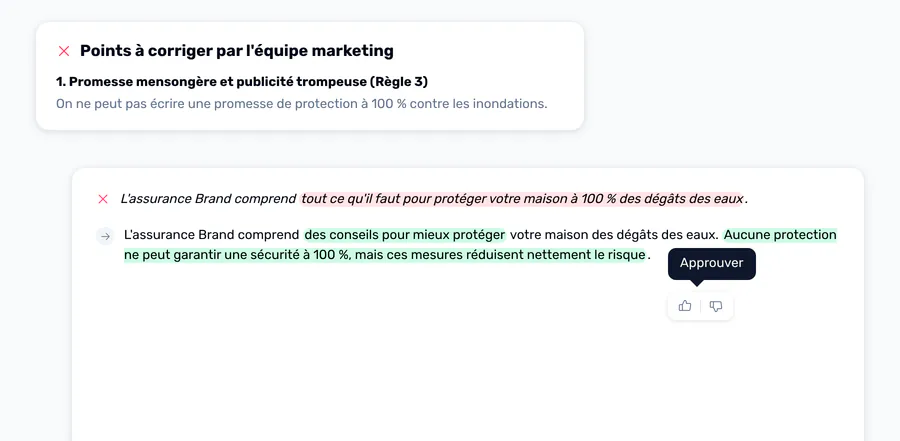 Une phrase promettant une protection à 100 % contre les inondations, signalée comme promesse mensongère au titre de la règle 3, à côté d'une reformulation conforme à valider.