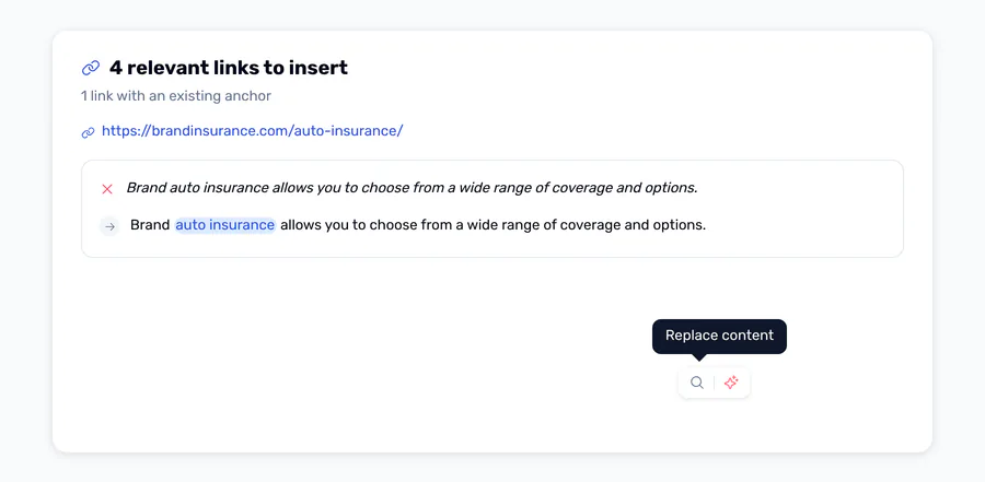 Four suggested links, the first pointing at an auto-insurance page, with the anchor text highlighted in the rewritten sentence.
