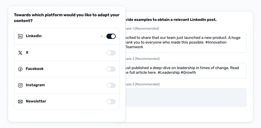 A platform picker with LinkedIn switched on above X, Facebook, Instagram and Newsletter, beside example posts that set the tone.