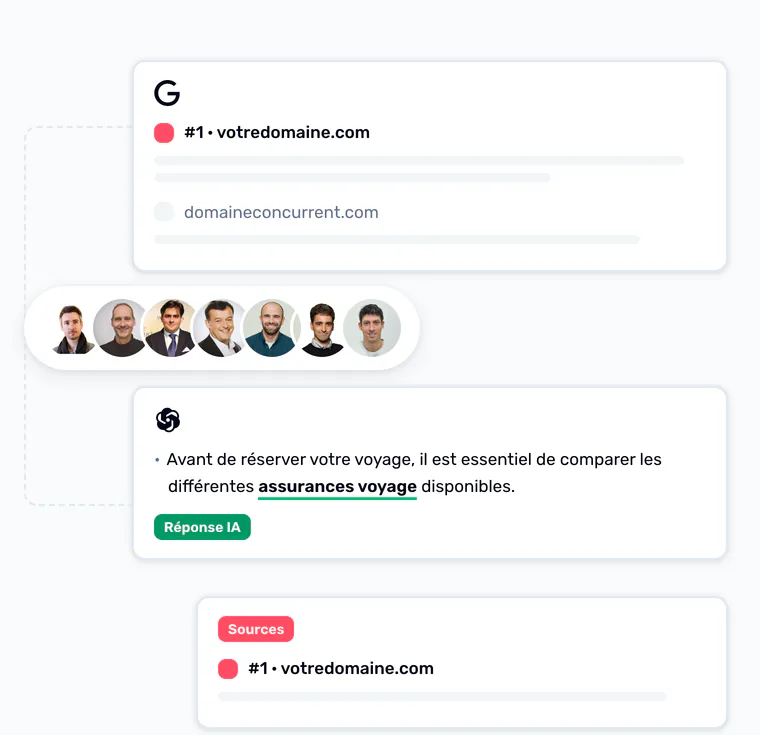 Un résultat Google place votre domaine devant un concurrent grisé, sept portraits de consultants s’intercalent, et une réponse ChatGPT cite le même domaine en premier.