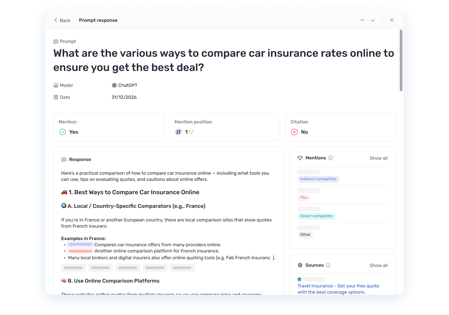 Une réponse ChatGPT sur la comparaison des tarifs d’assurance auto, analysée par Semji : marque mentionnée en première position, page non citée, et les concurrents nommés à côté.