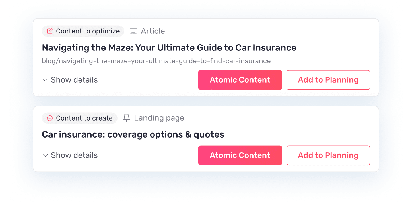 Deux cartes de planification Semji pour un site d’assurance : un guide sur l’assurance auto marqué comme contenu à optimiser, et une landing page de garanties marquée comme contenu à créer.