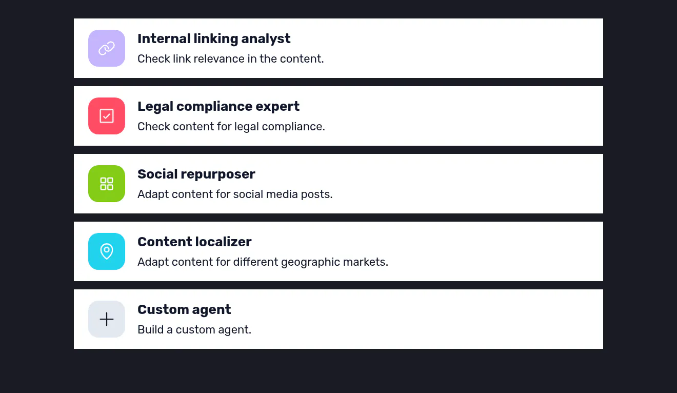 A stack of Semji AI agent cards: internal linking analyst, legal expert, social repurposer, localizer and a custom agent.