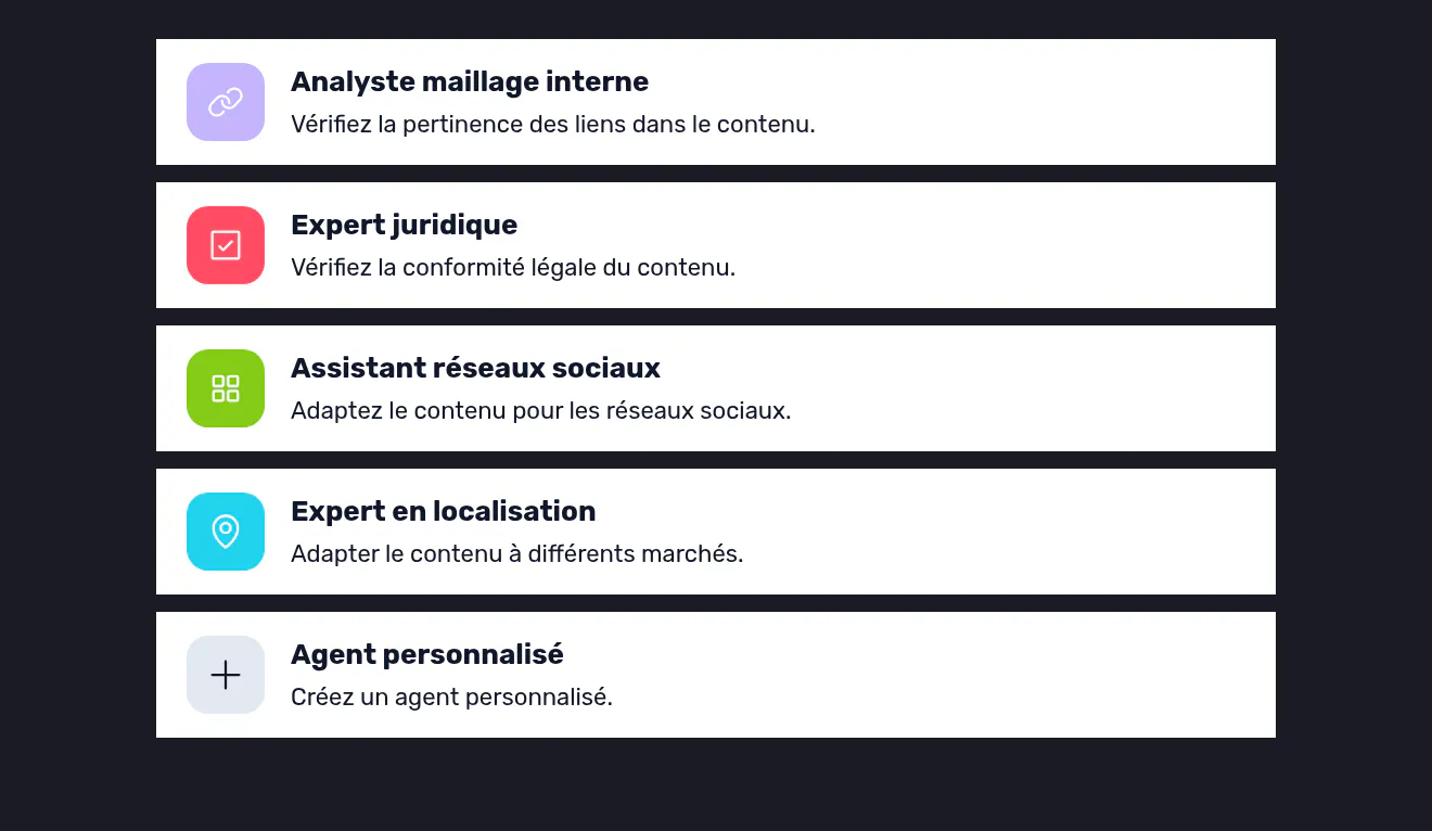 Une pile de cartes d’agents Semji : analyste maillage interne, expert juridique, assistant réseaux sociaux, expert en localisation et un agent personnalisé.