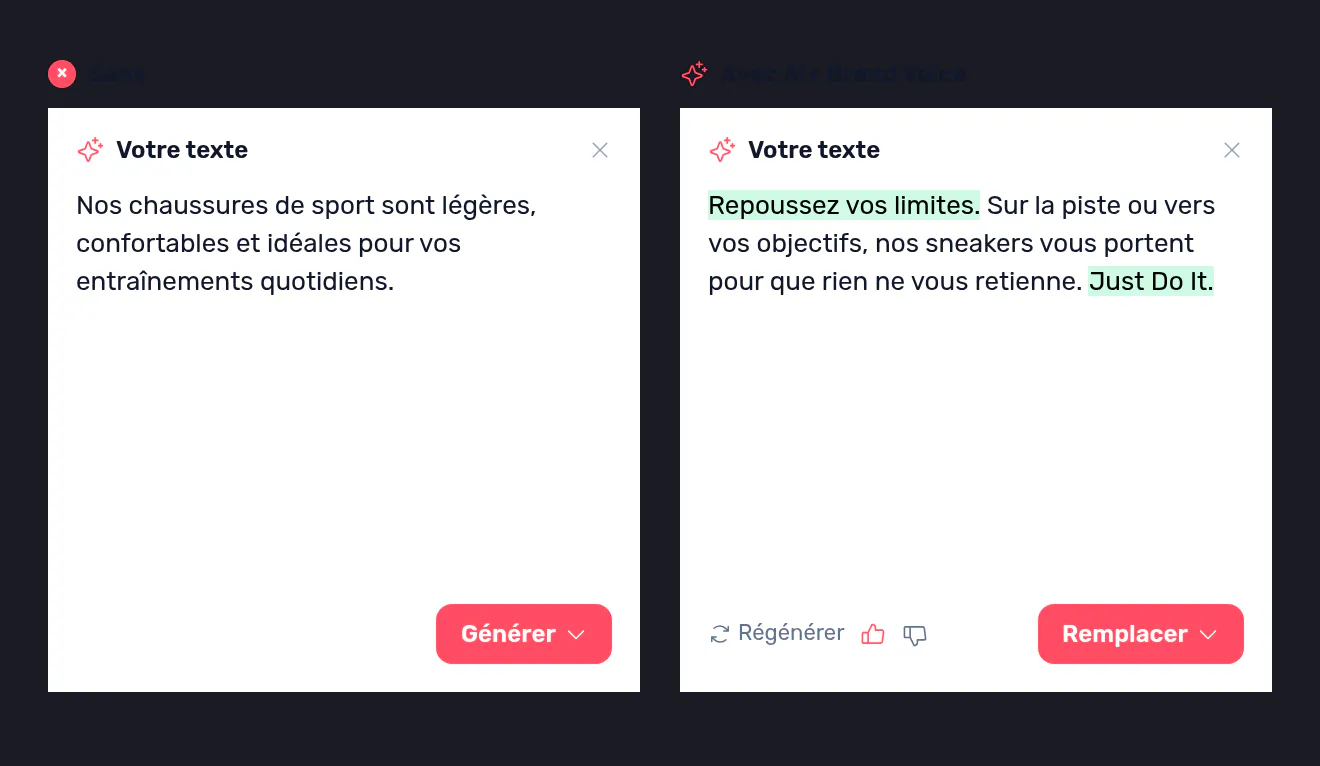 Deux versions du même paragraphe côte à côte, la seconde réécrite au ton de la marque enregistré.