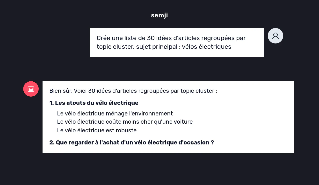 Le chat IA Semji répondant à une demande d’idées d’articles regroupées par topic cluster.