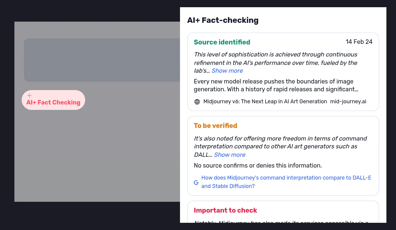 AI-generated sentences colour-coded by confidence, each with the source that verifies it.