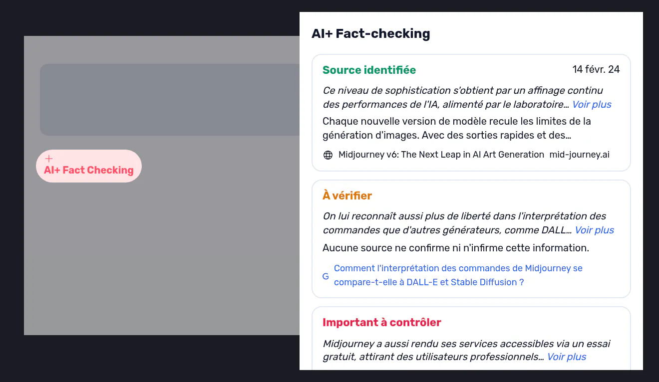 Des phrases générées par l’IA colorées selon leur niveau de fiabilité, chacune avec la source qui la vérifie.