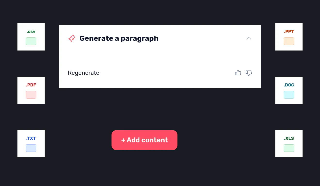 A knowledge base panel feeding a company's own documents into an AI-generated paragraph.