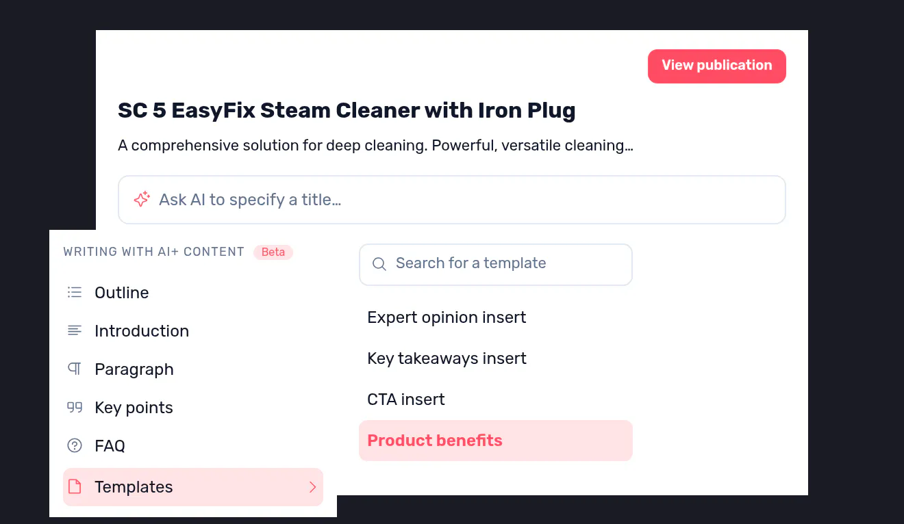 The Semji editor with the AI+ Content menu open on Templates, listing expert-opinion, key-points and call-to-action blocks.