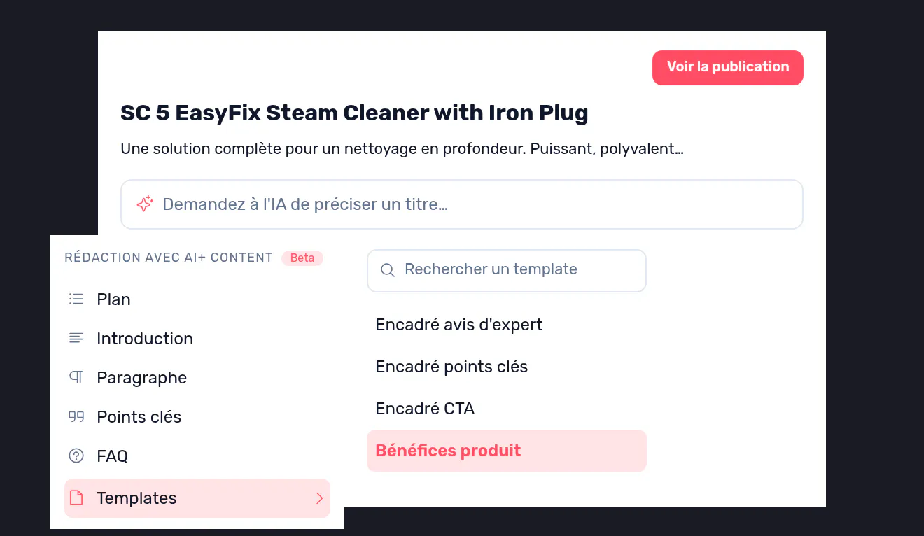 L’éditeur Semji avec le menu AI+ Content ouvert sur Templates, listant les blocs avis d’expert, points clés et appel à l’action.