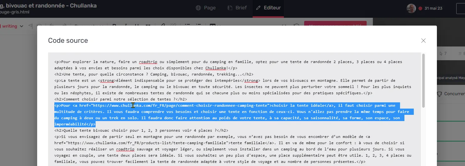 Sélection du code source HTML dans l'Editor