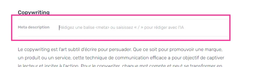 Champ meta description dans l'Editor