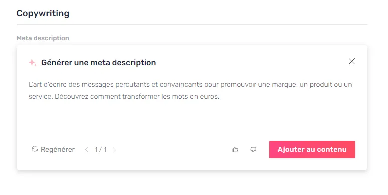 Génération d'une meta description avec AI+ Content