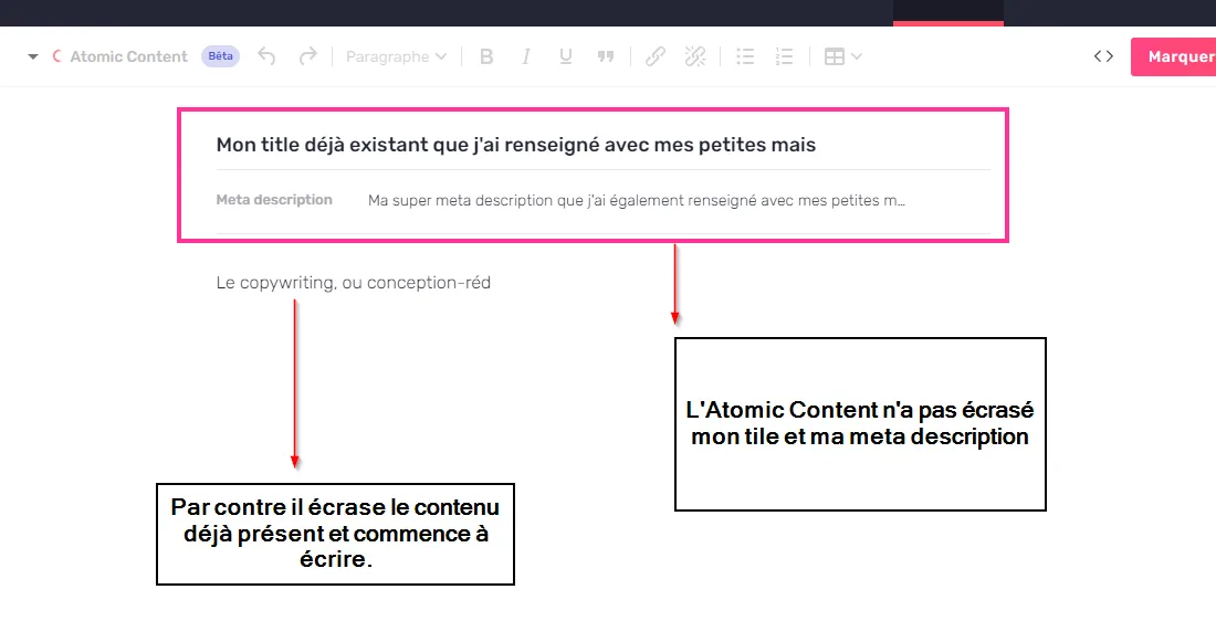 Atomic Content lancé avec un title déjà rédigé