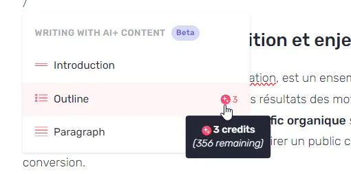 Crédits affichés avant une génération AI+ Content