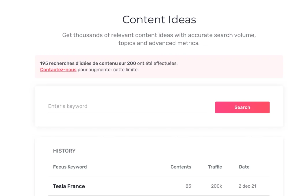 Avertissement de Content Ideas à l'approche de la limite