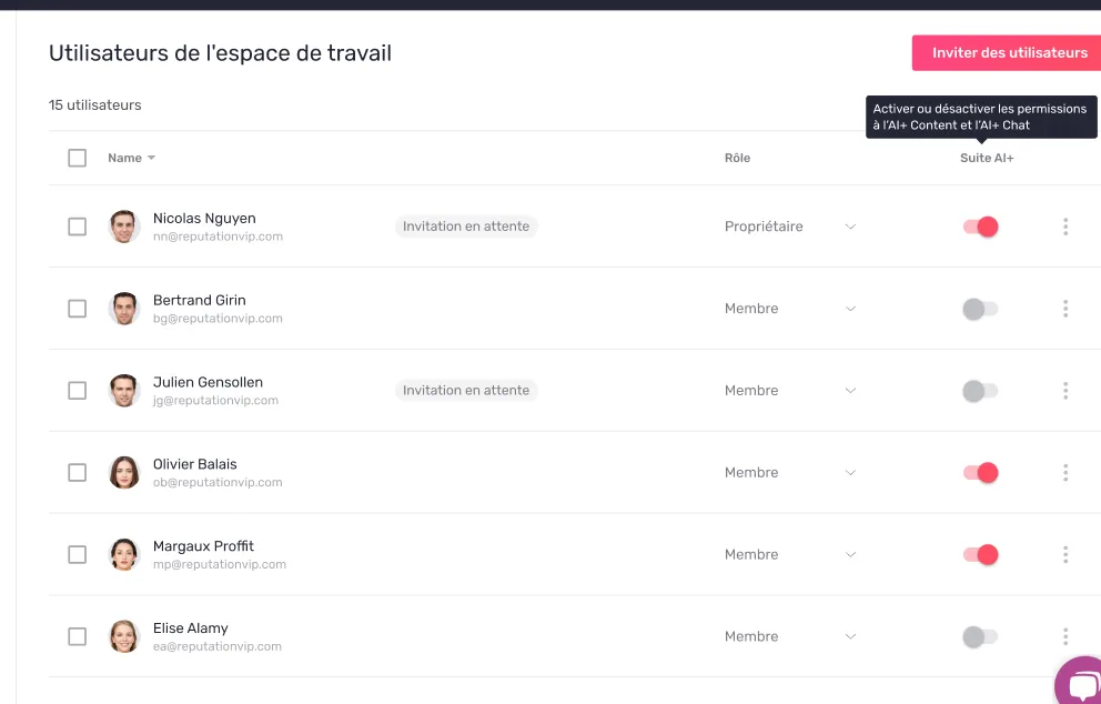 Interrupteur de permission AI+ sur un utilisateur d'espace de travail