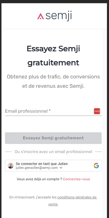 Écran de création de compte sur un petit écran
