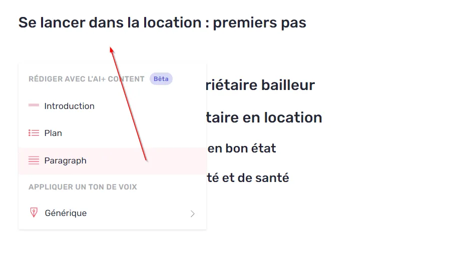 Menu IA présélectionnant un paragraphe sous un Hn