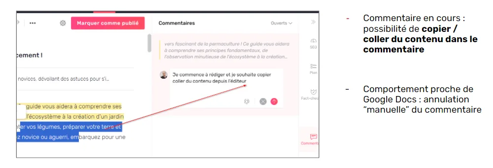 Fil de commentaires dans la sidebar de l'Editor