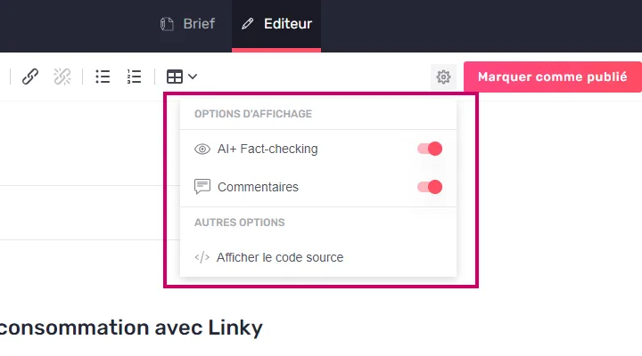 Options de surlignage dans le menu paramètres de l'Editor