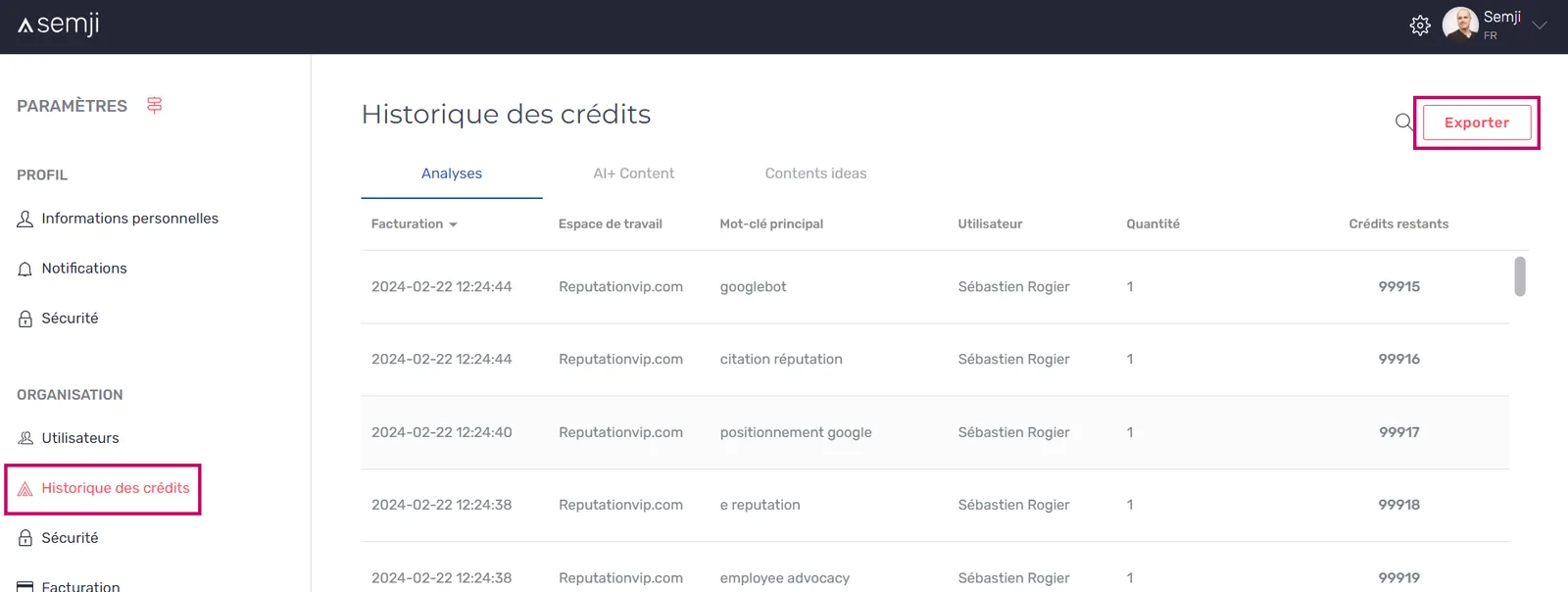 Écran de l'historique des crédits avec l'action d'export