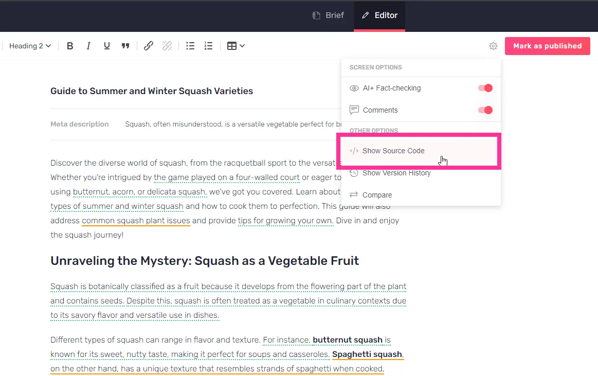 Vue Markdown dans la modale de code source