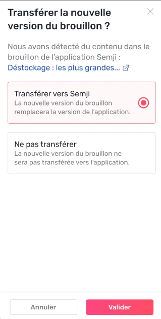 Choix de remplacer ou non la version présente dans l'application