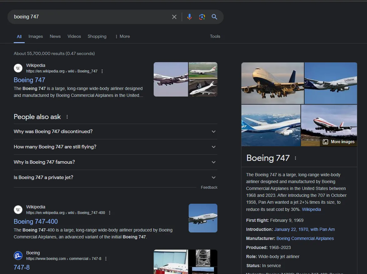 SERP renvoyée pour le Canada en anglais