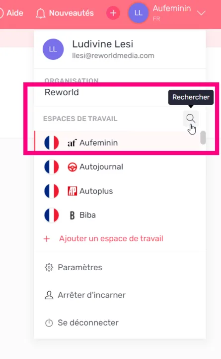 Champ de recherche dans le sélecteur d'espace de travail