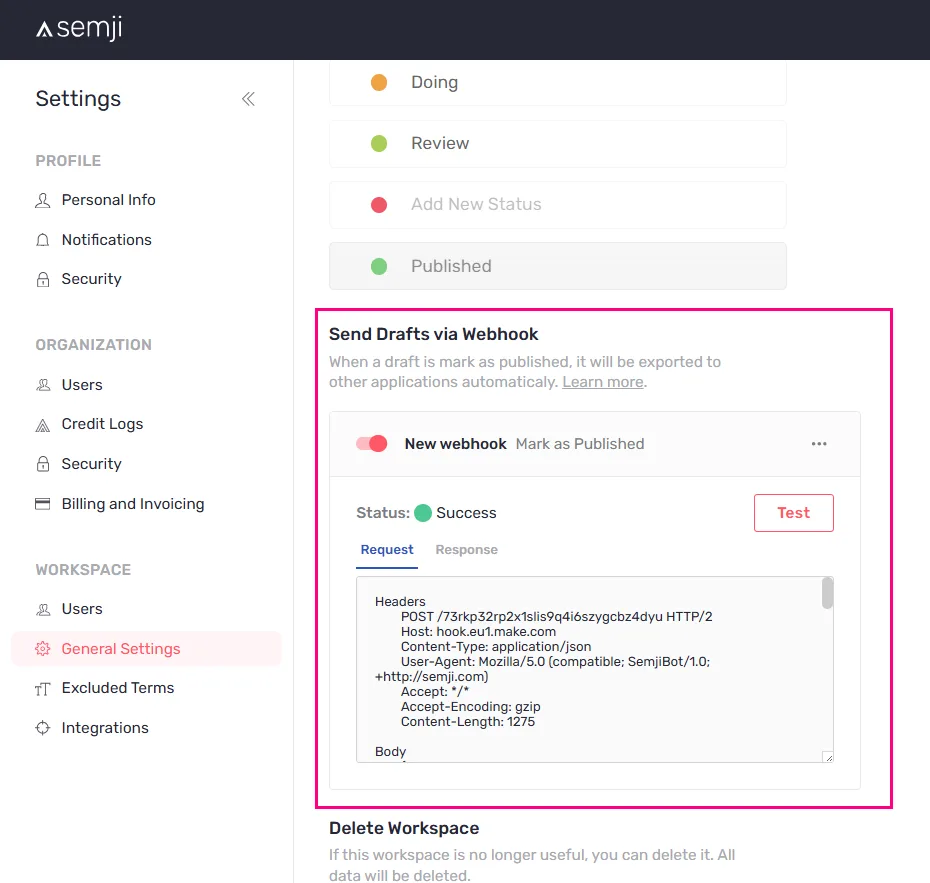 Configuration du webhook sur l'événement de publication