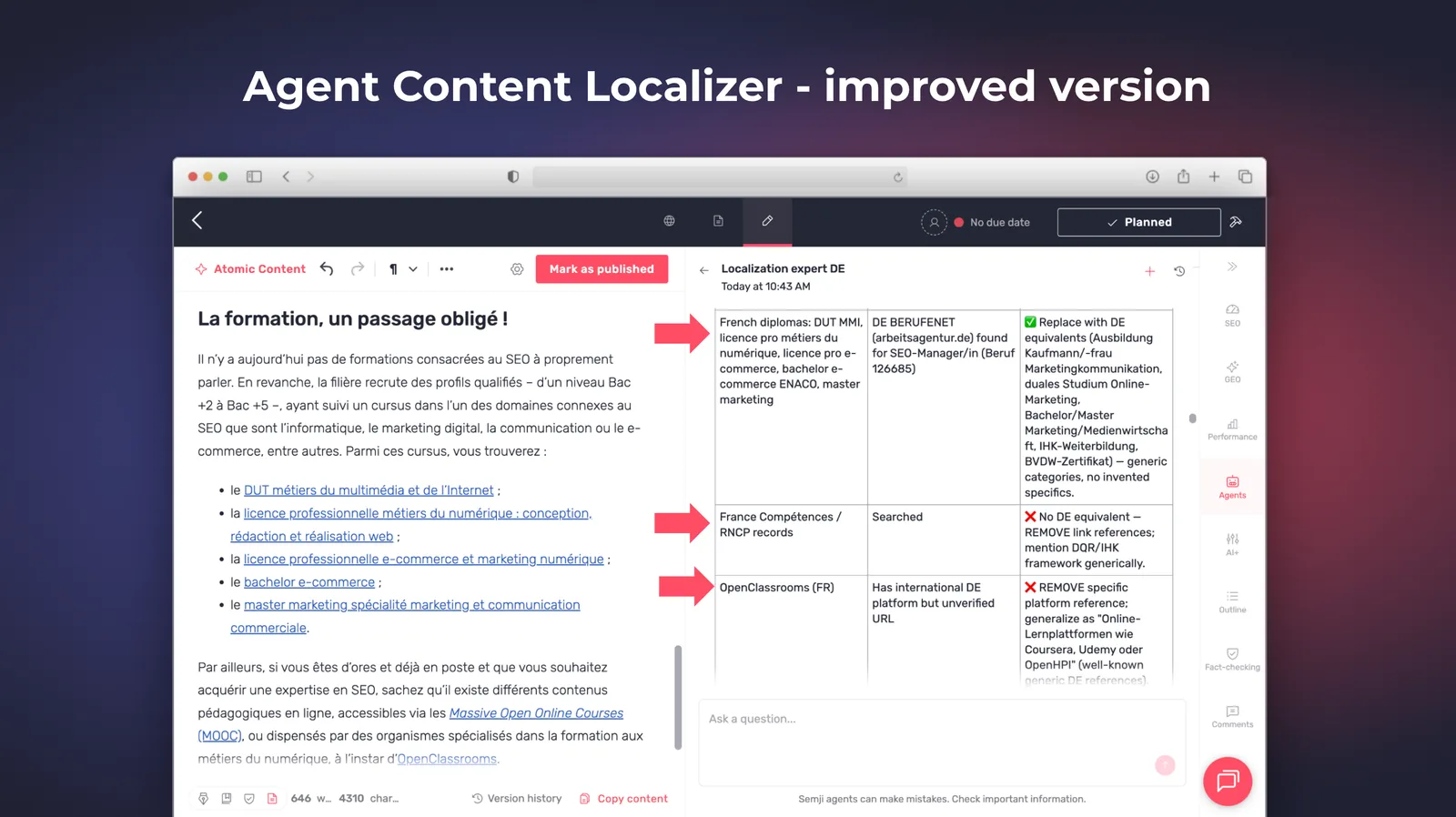 Sortie de l'agent Content Localizer